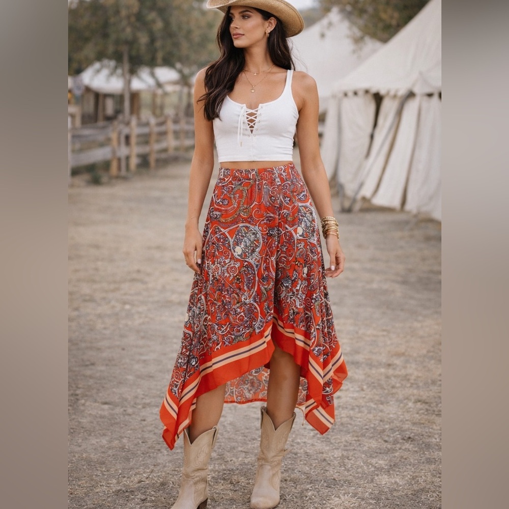H&M Festival Scarf Midi Skirt – Red Paisley Cowgirl Western – Size 4